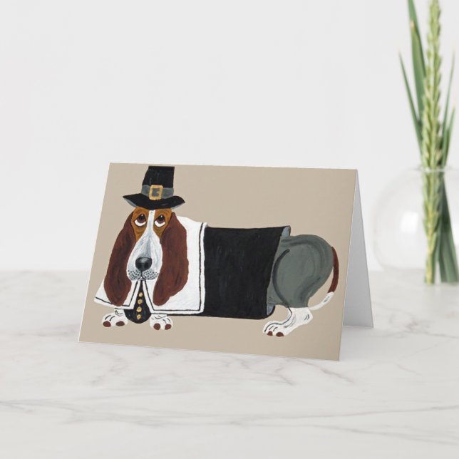 Basset Hound Thanksgiving Pilgrim Holiday Card (Front)