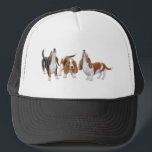 Basset Hound Trio Hat<br><div class="desc">Original fine art design of a howling tricolored Basset hound by designer Carolyn McFann on quality cards, stationery, clothing & other great gifts for dog lovers.</div>