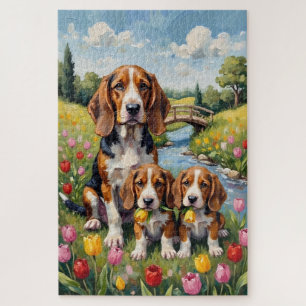 Basset Hound Tulip Meadow Art Jigsaw Puzzle