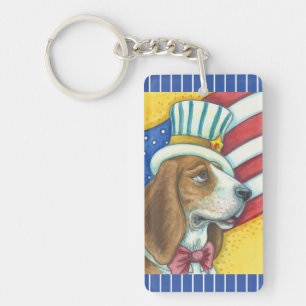 BASSET HOUND UNCLE SAM, PATRIOTIC DOG KEYCHAIN
