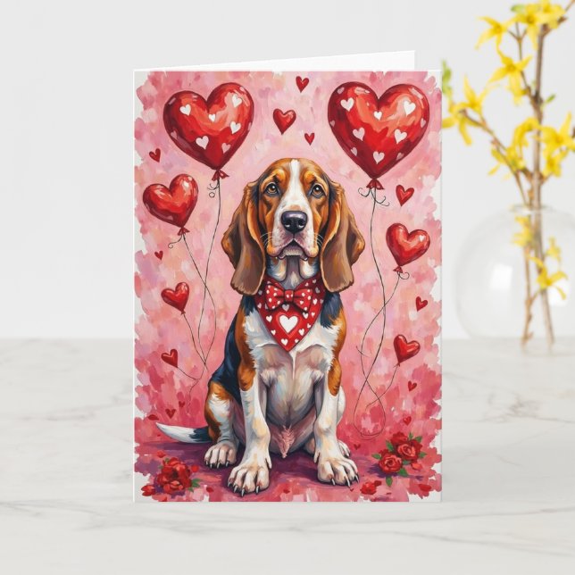 Basset Hound Valentine’s Day Dog with Hearts Red Card (Yellow Flower)