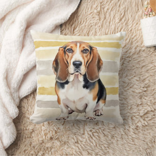 Basset Hound Watercolor Dotted Line Art Cushion