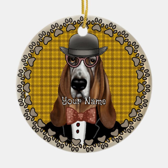 Basset Hound wearing glasses Ceramic Tree Decoration (Front)