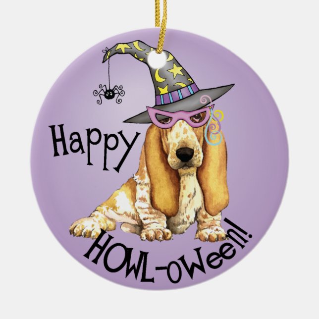 Basset Hound Witch Ceramic Tree Decoration (Front)