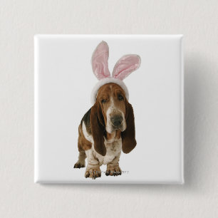 Basset hound with bunny ears 15 cm square badge