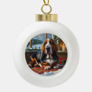 Basset Hound With Christmas Lights Holiday  Ceramic Ball Christmas Ornament