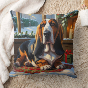 Basset Hound With Christmas Lights Holiday Cushion