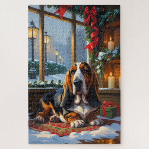 Basset Hound With Christmas Lights Holiday  Jigsaw Puzzle
