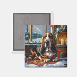Basset Hound With Christmas Lights Holiday  Magnet