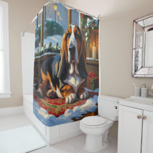 Basset Hound With Christmas Lights Holiday  Shower Curtain