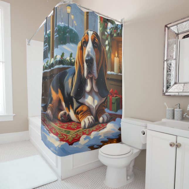 Basset Hound With Christmas Lights Holiday  Shower Curtain (In Situ)