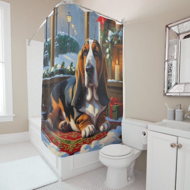 Basset Hound With Christmas Lights Holiday  Shower Curtain (In Situ)