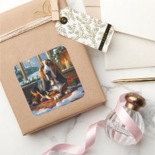 Basset Hound With Christmas Lights Holiday  Square Sticker