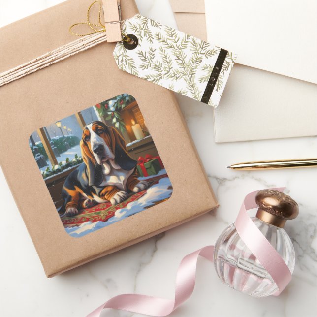 Basset Hound With Christmas Lights Holiday  Square Sticker (Gifting)