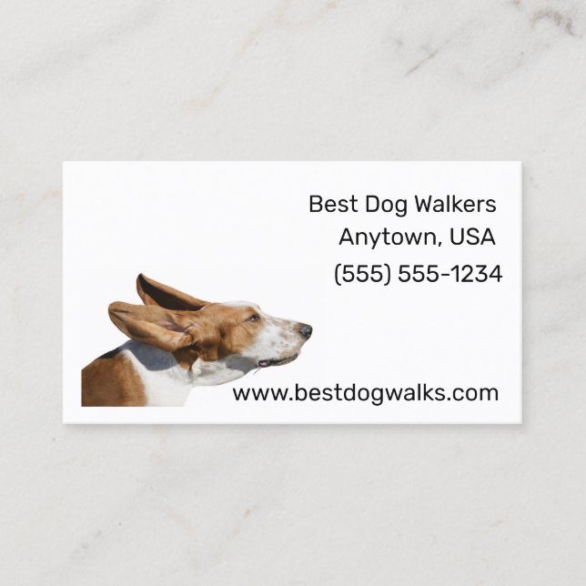 Basset Hound with Flapping Ears in Wind Dog Walker Business Card (Front)