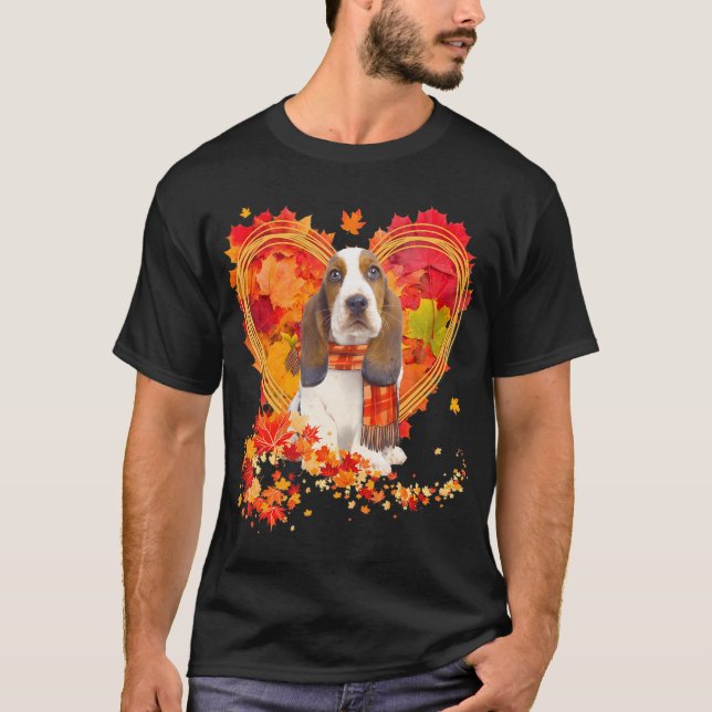 Basset Hound With Heart Made Of Autumn Leaves T-Shirt (Front)