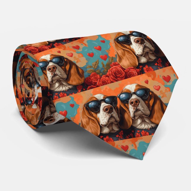 Basset Hound With Heart Roses Valentine's Day  Tie (Rolled)