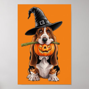 basset hound with pumpkin in mouth poster