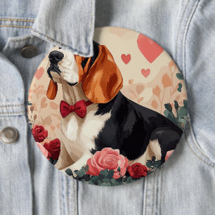 Basset Hound with Roses - Valentine's Day 6 Cm Round Badge