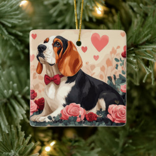 Basset Hound with Roses - Valentine's Day  Ceramic Ornament