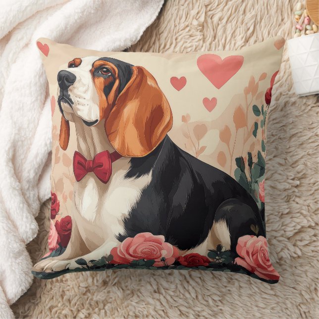 Basset Hound with Roses - Valentine's Day  Cushion (Blanket)