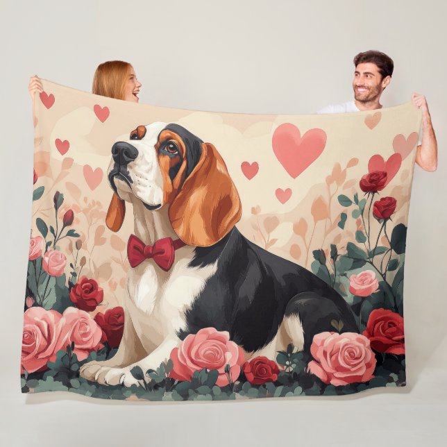 Basset Hound with Roses - Valentine's Day  Fleece Blanket (In Situ)