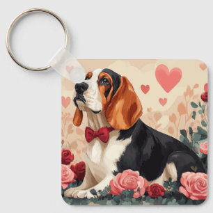 Basset Hound with Roses - Valentine's Day  Key Ring