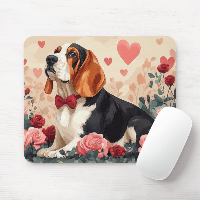 Basset Hound with Roses - Valentine's Day  Mouse Mat (With Mouse)