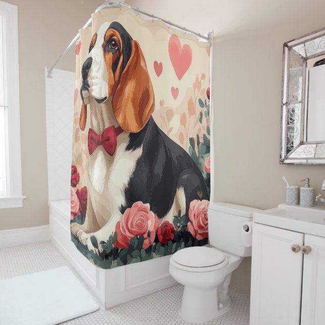Basset Hound with Roses - Valentine's Day  Shower Curtain (In Situ)