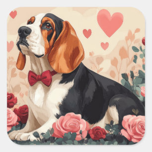 Basset Hound with Roses - Valentine's Day Square Sticker