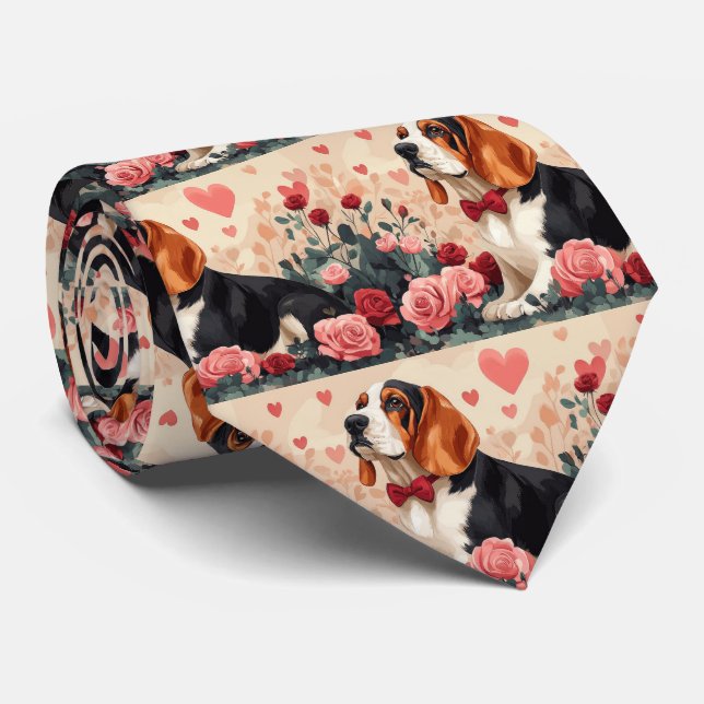 Basset Hound with Roses - Valentine's Day  Tie (Rolled)