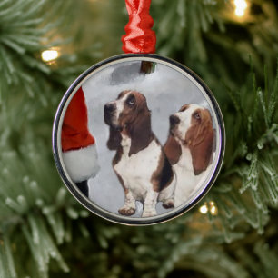 Basset Hound With Santa Christmas Metal Tree Decoration
