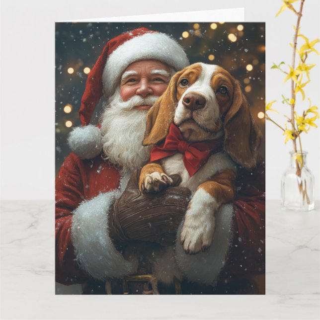 Basset Hound with Santa Claus Festive Christmas Card (Yellow Flower)