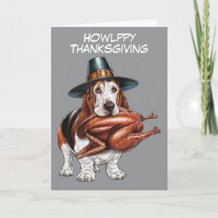 Basset hound with turkey in mouth thanksgiving card