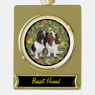 Basset Hound Wreath Gold Plated Banner Ornament