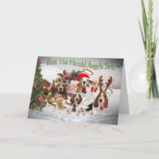 Basset Hound  Xmas Bark Herald Angels card (Front)