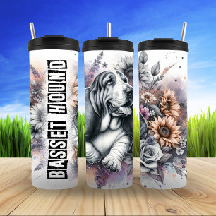Basset Hound's Grayscale Floral Snooze Thermal Tumbler