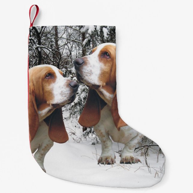 Basset Hounds in the Snowy Woods Small Christmas Stocking (Front)