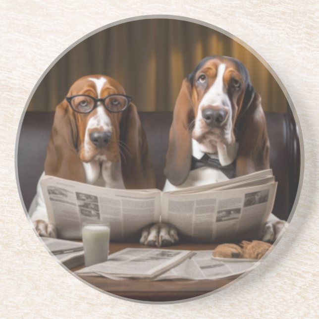 Basset hounds reading the newspaper coaster (Front)