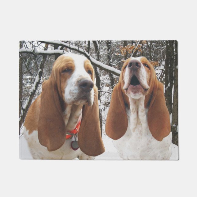 Basset Hounds Snowy Woods Door Mat (Front)