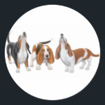 Basset Hounds Sticker<br><div class="desc">Original fine art design of a howling tricolored Basset hound by designer Carolyn McFann on quality cards,  stationery,  clothing & other great gifts for dog lovers.</div>