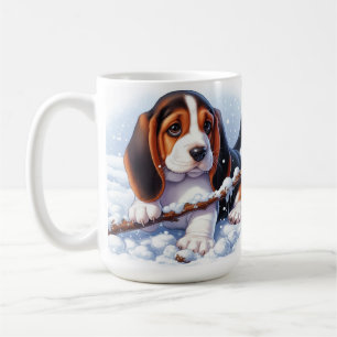 Basset Puppy Playing With a Stick in Winter Snow Coffee Mug