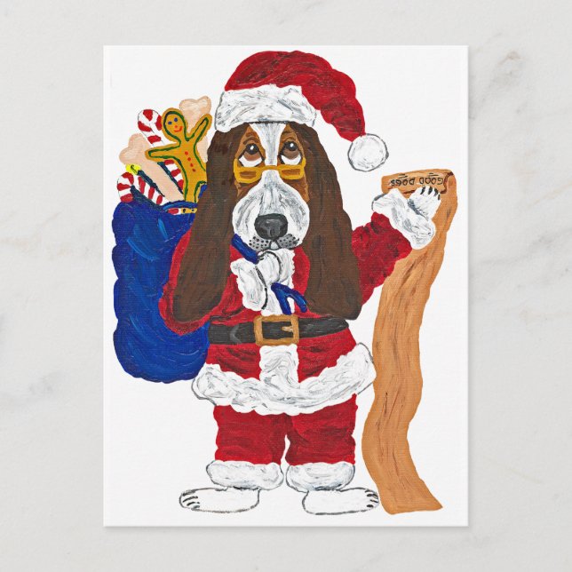Basset Santa Checking List Of Good Bassets Holiday Postcard (Front)