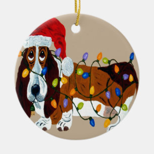 Basset Tangled In Christmas Lights Ceramic Tree Decoration