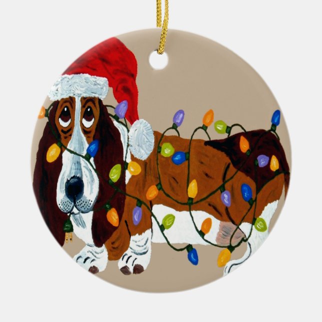 Basset Tangled In Christmas Lights Ceramic Tree Decoration (Front)