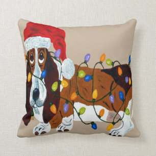 Basset Tangled In Christmas Lights Cushion