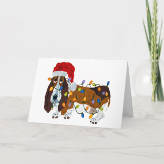 Basset Tangled In Christmas Lights Holiday Card