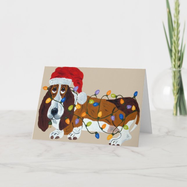 Basset Tangled In Christmas Lights Holiday Card (Front)