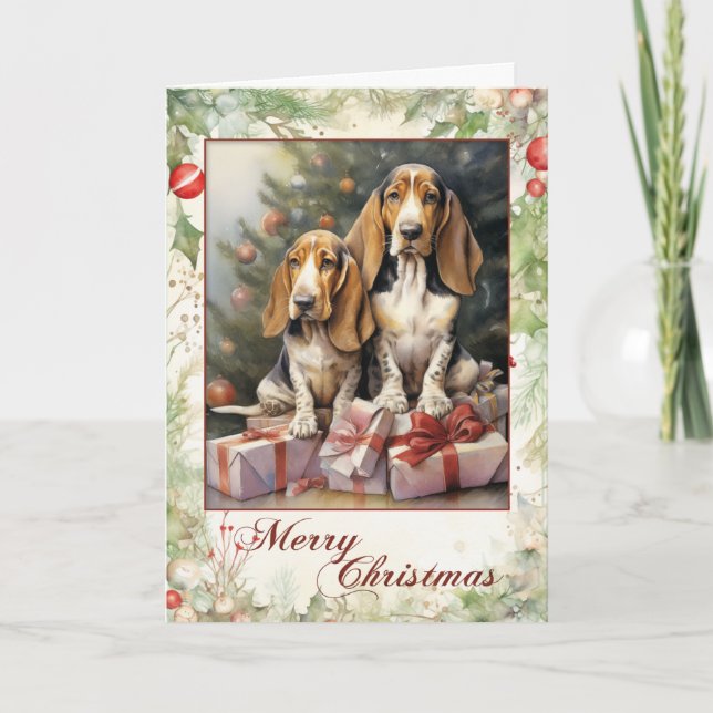 Bassett Hound Christmas Holiday Card (Front)