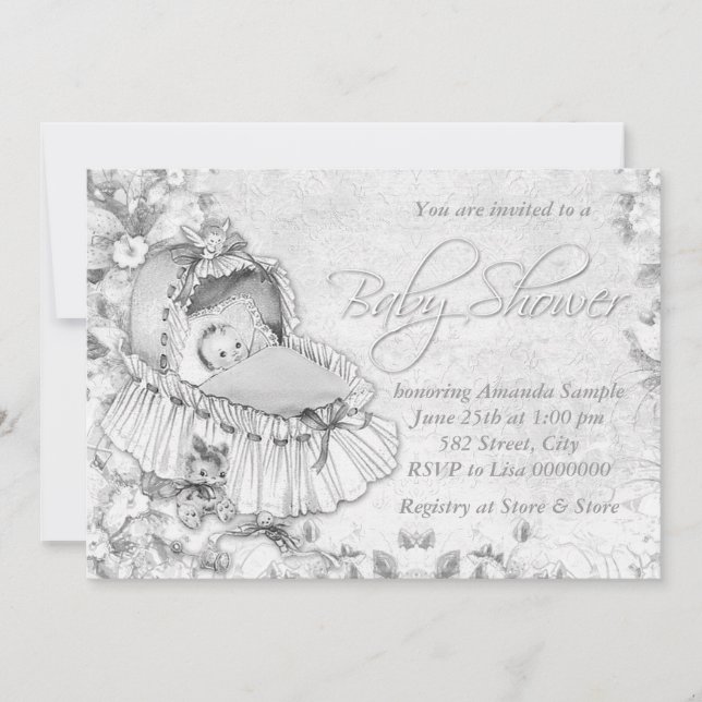 Bassinet Vintage White Baby Shower Invitation (Front)